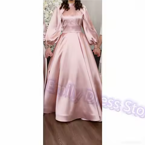 Customized Bridesmaid Evening Dress Women Satin Full Sleeves Floor Length High Neck Bridal Formal Ball Gowns Trend Pageant Dress
