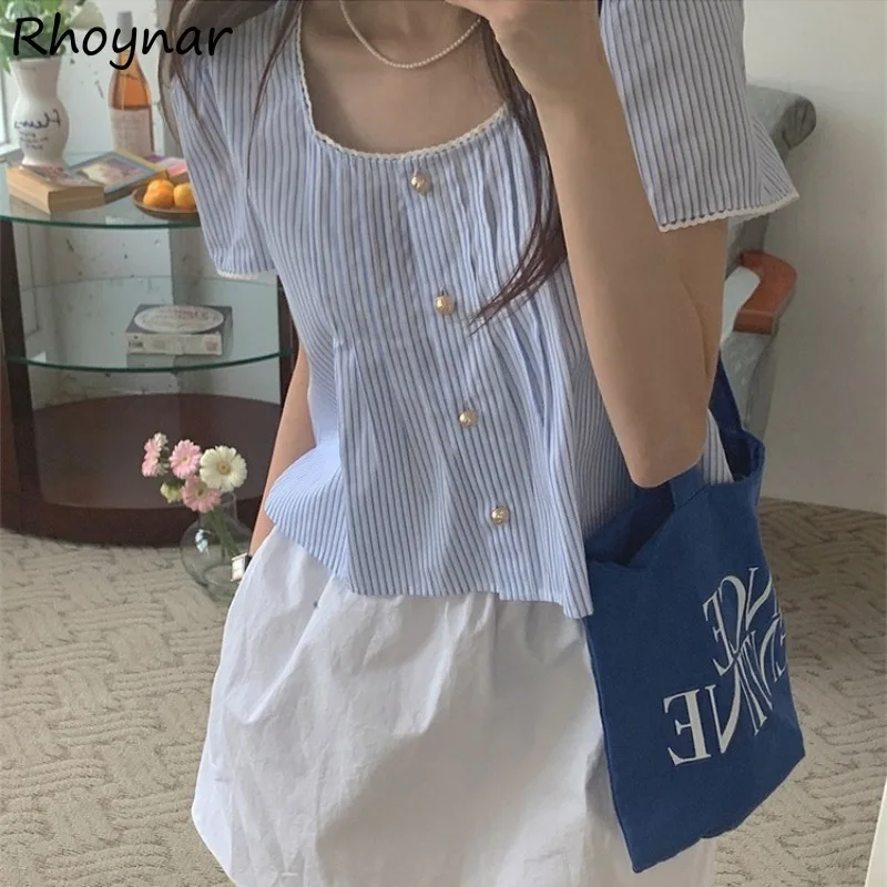 

Striped Short Sleeve Shirts Women Summer Sweet Girls College Retro Loose Cozy Button Trendy Korean Style Simple Elegant Gentle