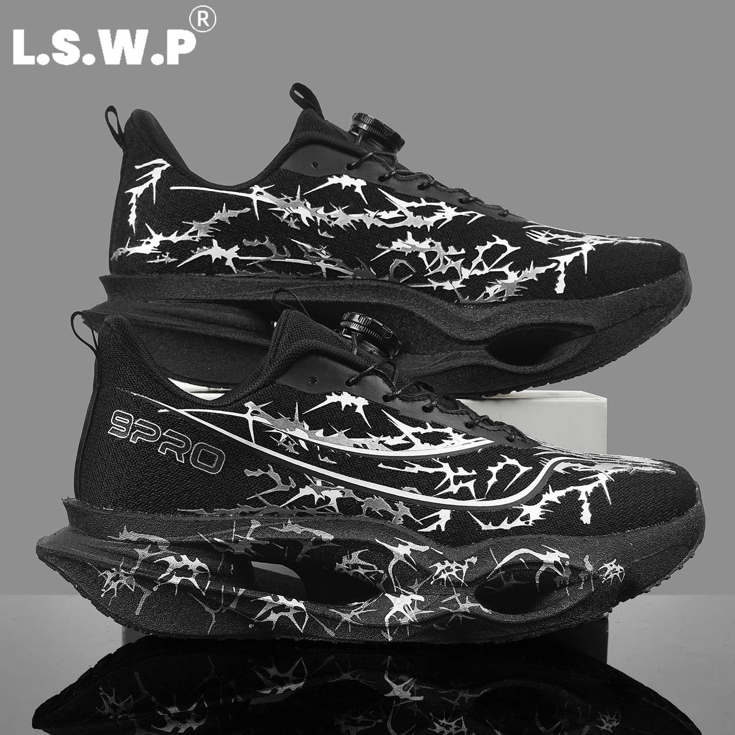 Men's Running Shoes, Tennis Shoes, Four-Season Trendy Knob-Lock Carbon Plate Running Shoes, Personalized Thorn Print Mesh Breathable Sports Shoes, Hollow-Out High-Rebound Thick-Soled Running Shoes, Non-Slip Wear-Resist