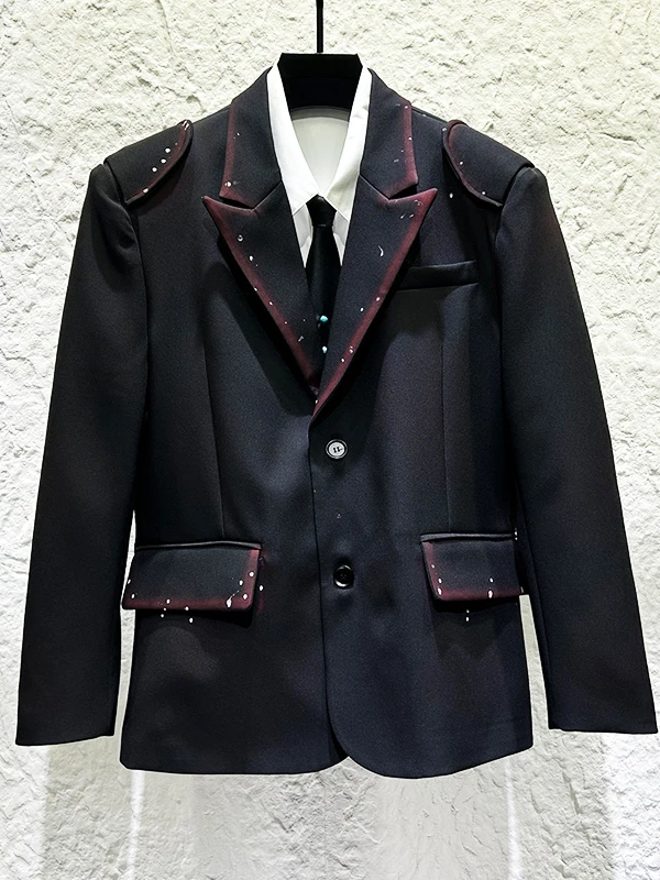 

Bla Spray Painted oulder Pad Suit Men's Faionable Casual Western Sle Jaet Trendy adient Design Spring Autumn Wear