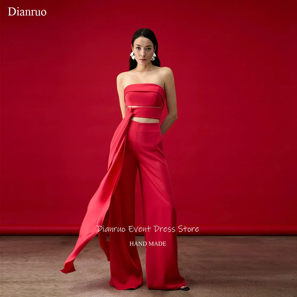 

Dianruo Cool Red Strapless Evening Dresses Crop Top Wide Leg Satin Robe De Soirée Femme Elegant Red Draped Prom Gown Customized