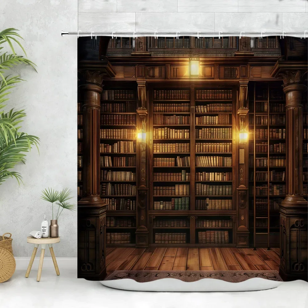 Vintage Library Shower Curtain Old Book Bookshelf Candle Magic Wooden Antique Polyester Fabric Bathroom Decora Curtain Washable