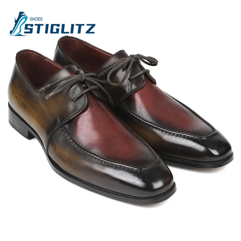 

Hand-Rubbed Calfskin Genuine Leather Oxford Shoes Men's Formal Suit Wedding Shoes Brown and Bordeaux Dual Tone Apron Derby Shoes