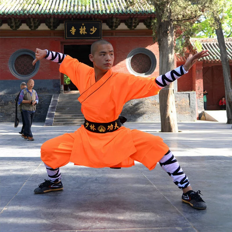 USHINE Orange Satin Shaolin Monk Robe Kung fu Suit Kids Adults Wushu Performance Uniform Tai chi Wing Chun Set