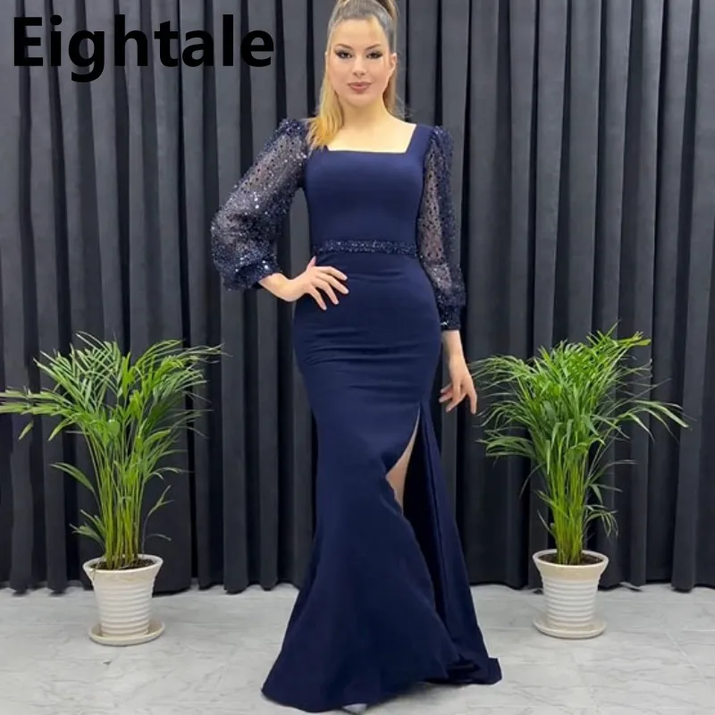 

Navy Blue Sexy Slit Mermaid Chiffon Evening Dress For Wedding Party Sequined Long Sleeve Formal Prom Dress Dubai Party Gown