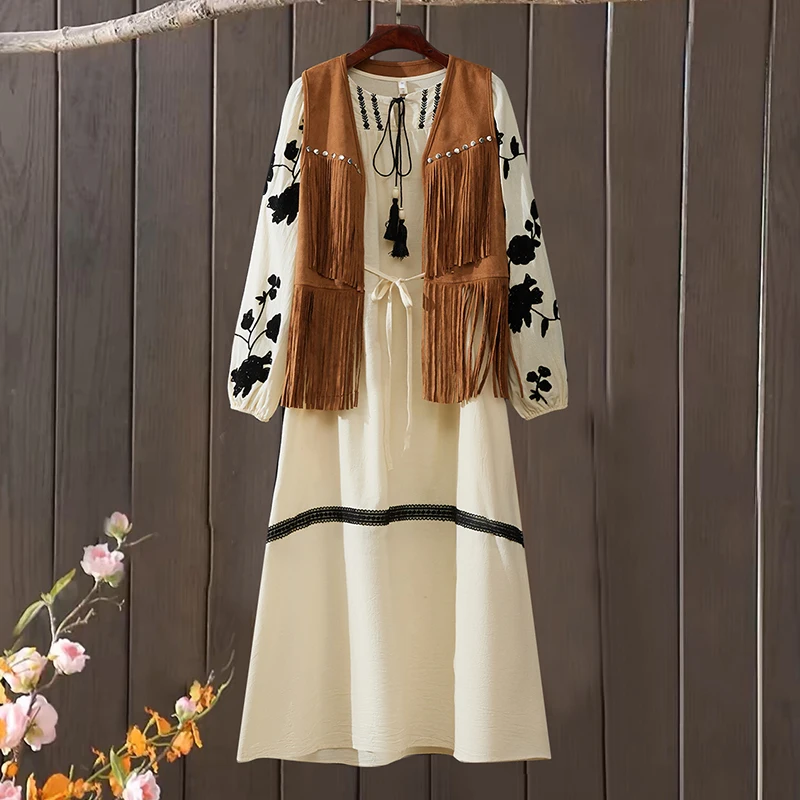 

n Sle Suede Tassel Vest Retro Embroidered Long Sve Maxi Dr Heavy Workmanip Summer Holiday Dr