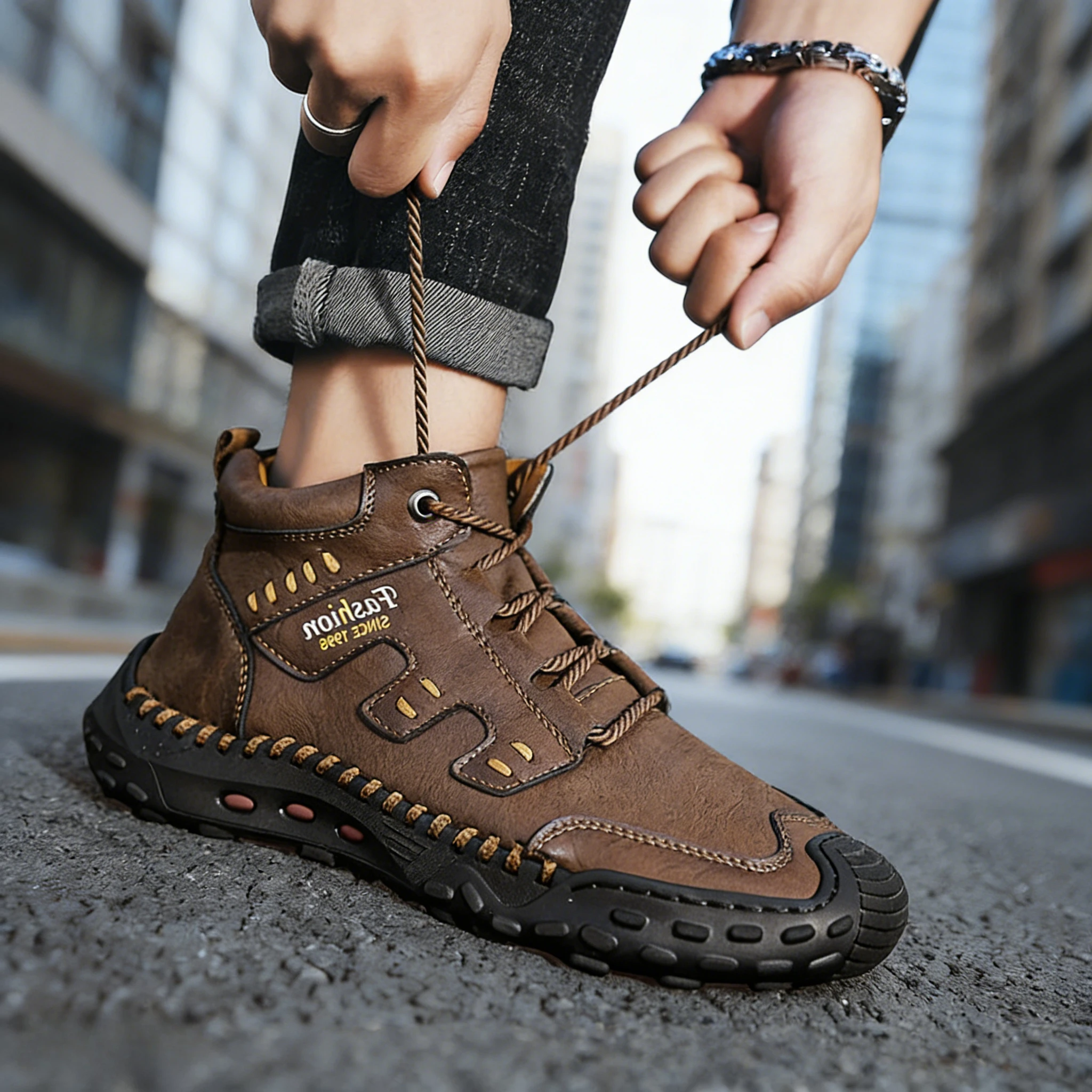 

High-end Soft Leather Ankle Boots for Men Outdoor Non-slip Waterproof Work Boots High Top Autumn Winter Plush Warm Snow Boots