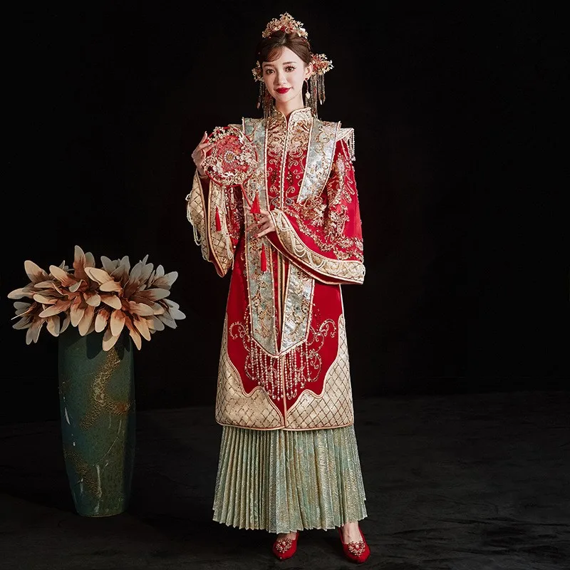 

Свадебное платье в стиле Хань, корона Феникса и розовая вуаль, наряд для тостов в китайском стиле