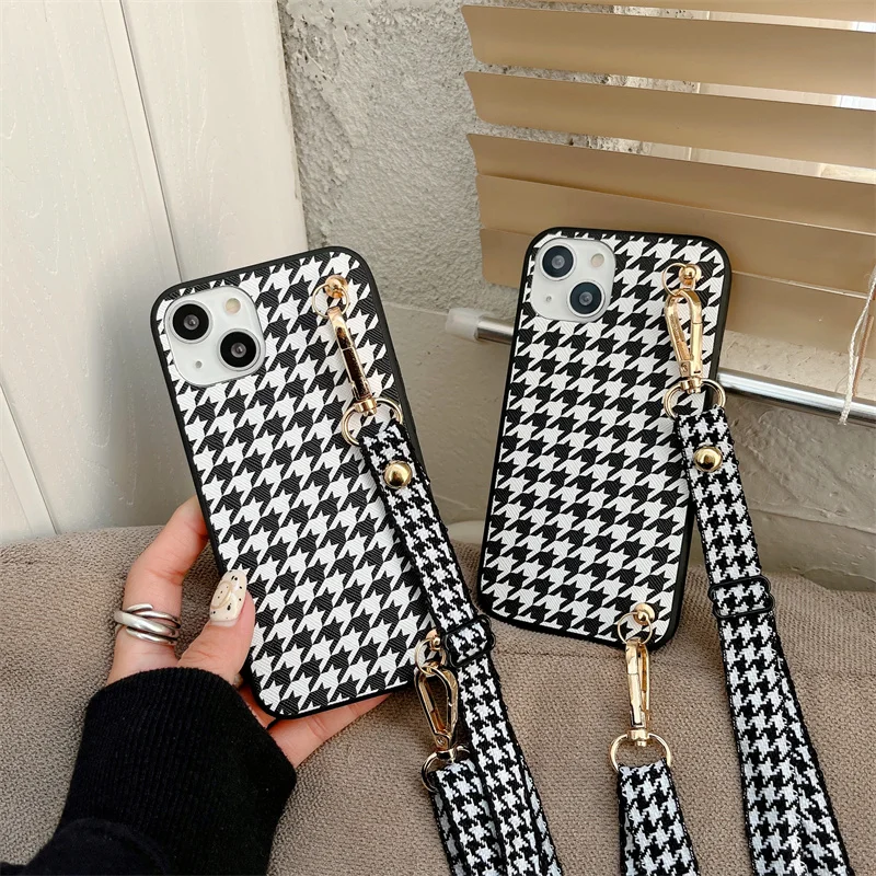 Fashion Crossbody Shoulder Strap Houndstooth Pattern Case for iPhone 14 Pro Max 13 Mini 12 11 X XR XS MAX 7 8 Plus Luxury Cover