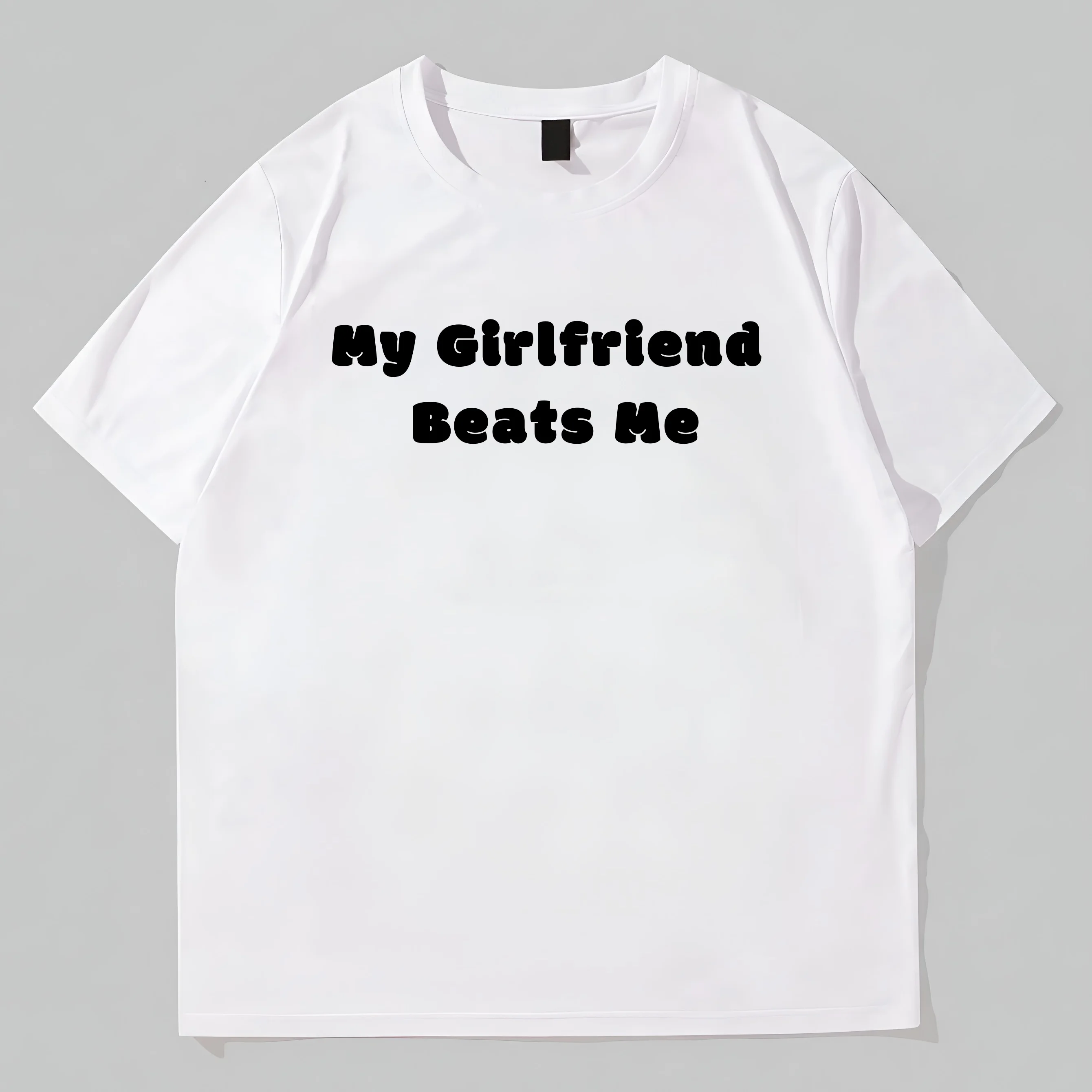 

Teevo White T-Shirt with My Girlfriend Beats Me Text Print for Casual Wear