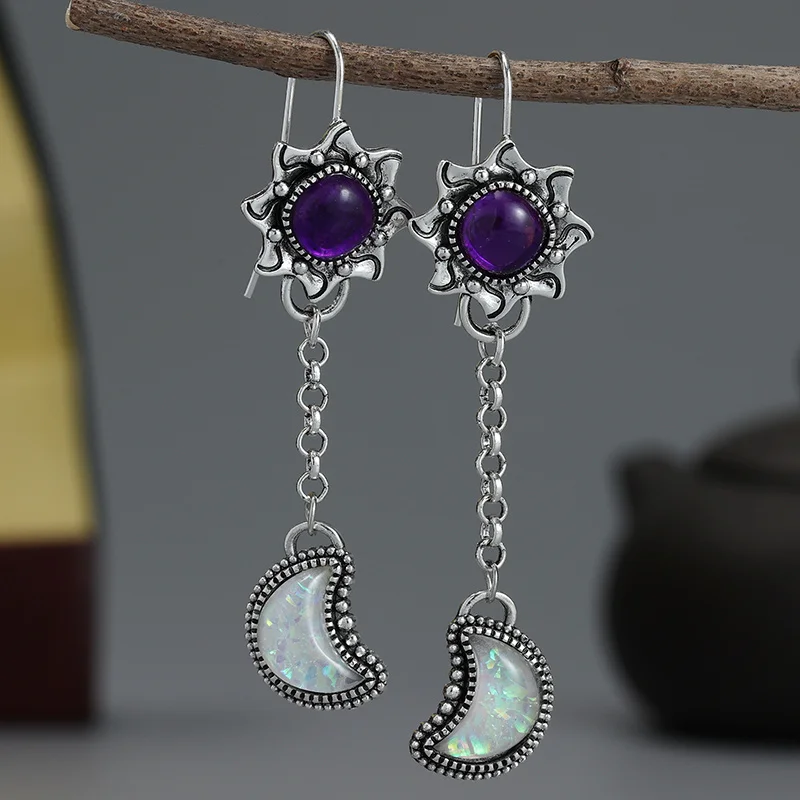 Vintage Round Purple Stone Flower Earrings Originality Silver Color Carving Moon Stickers Dangle Earrings for Women