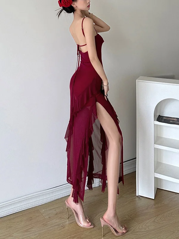 ピュアレッド スリムフィット ストラップ付き ドクターサマー ヴァイオン レディース ロングスカート アシンメトリー スリット ビーチ ホリデー ガウン ハイウエスト カットアウト