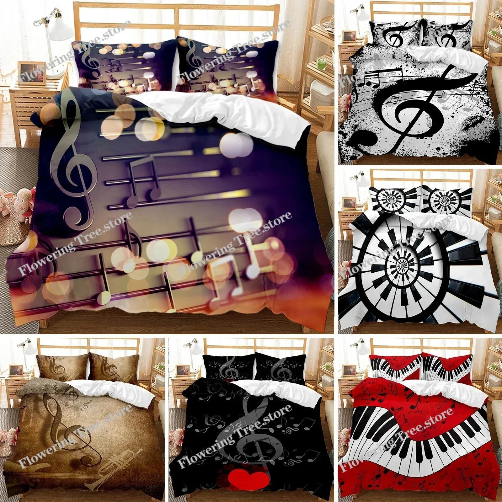 

Music Duvet Cover Set,Music with G-Clef Key Instrument Rhythmic Design Queen King Twin Full Size Polyester Bedding Set