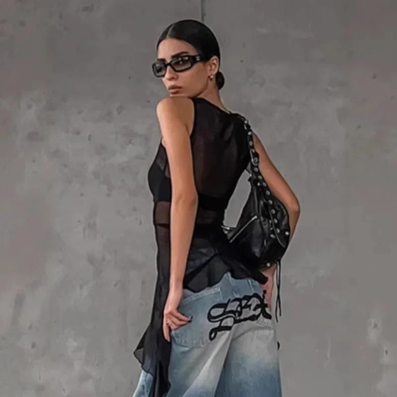 شبكة انظر من خلال تي شيرت بلا أكمام غاسل لصق أعلى سليم صالح بلون مثير عارضة حزب الشاطئ الأزياء بلوزة للنساء