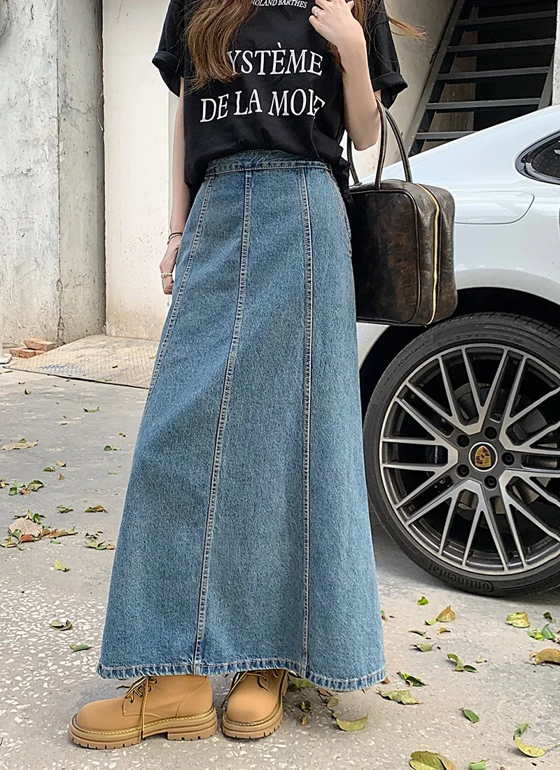 

S-XL Blue Long Denim Skirt 2024 Korean Style Loose High Waist Straight Long Jeans Skirts Style