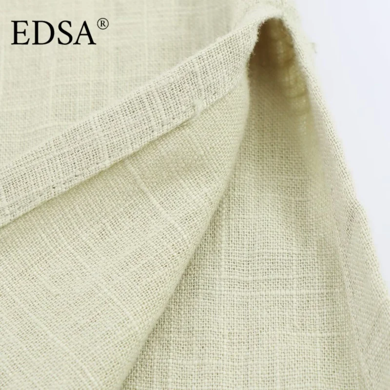 EDSA المرأة قميص كتان على غرار ميدي فستان التلبيب الياقة الخامس الرقبة طويلة الأكمام فتحات جانبية فساتين طويلة فضفاضة زر متابعة