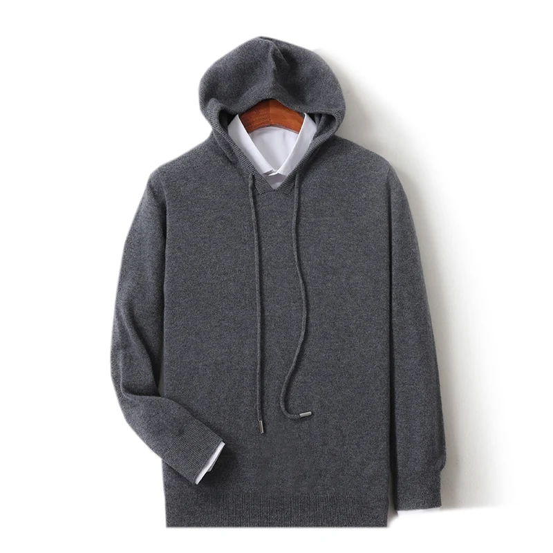 เสื้อสเวตเตอร์มีฮู้ดผู้ชายแบบใหม่สำหรับฤดูใบไม้ร่วงและฤดูหนาว ทรงหลวมและเข้ารูป ผ้าขนสัตว์ถักสีพื้น เสื้อซับใน