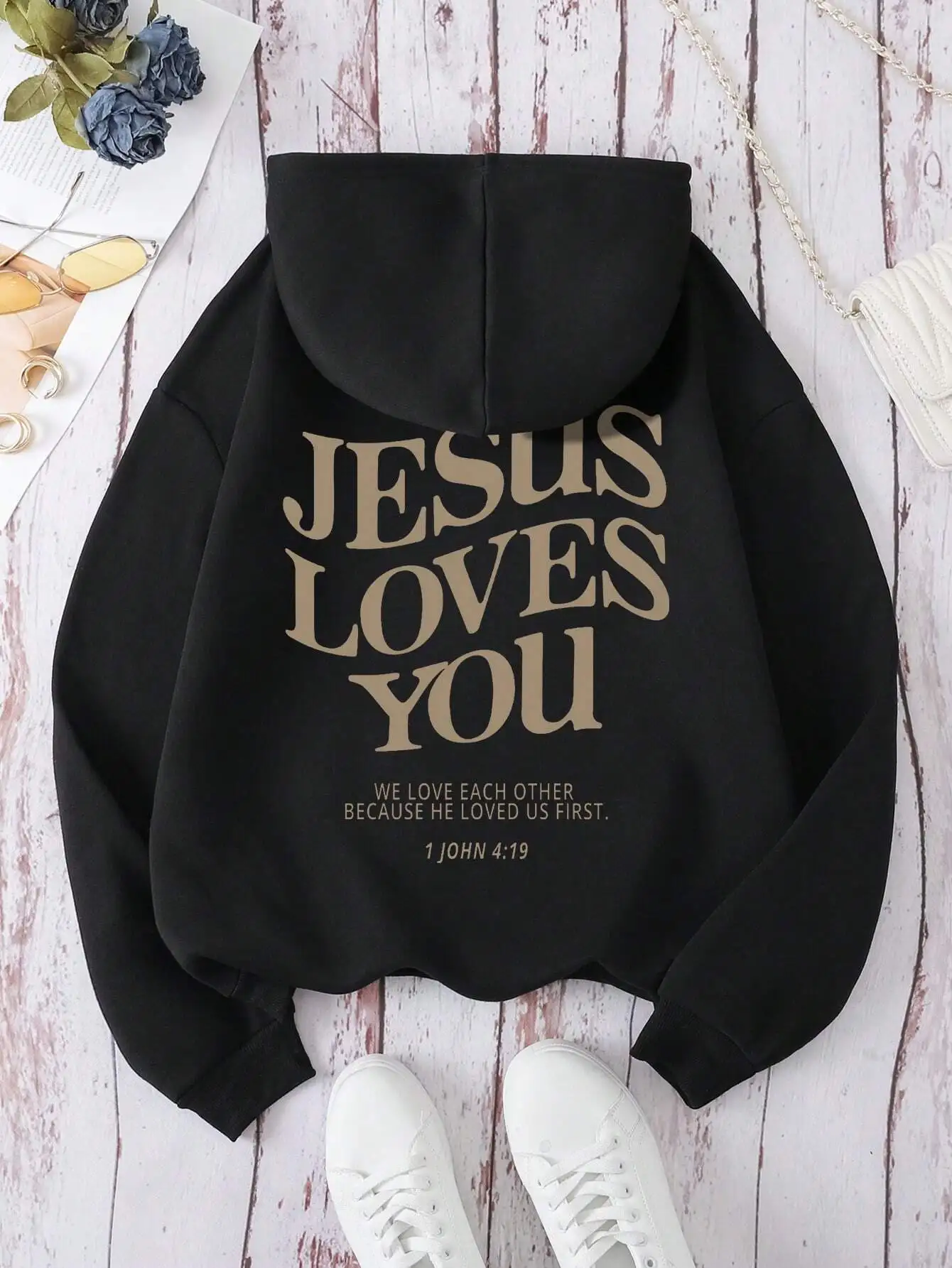 

Women's Jesus Loves You Letter Print Hoodie, 1 John 4:19, Fall Back to School Pullover