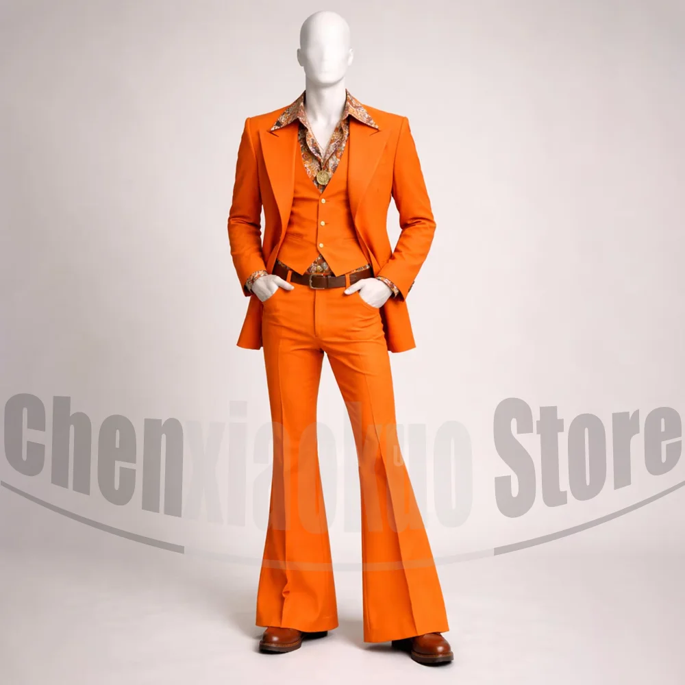 Orange Men 70s Disco Suit 3 Piece Set Blazer Vest with Flare Pants Slim Fit Retro Costume For Party Prom Halloween Cosplay - view 4
