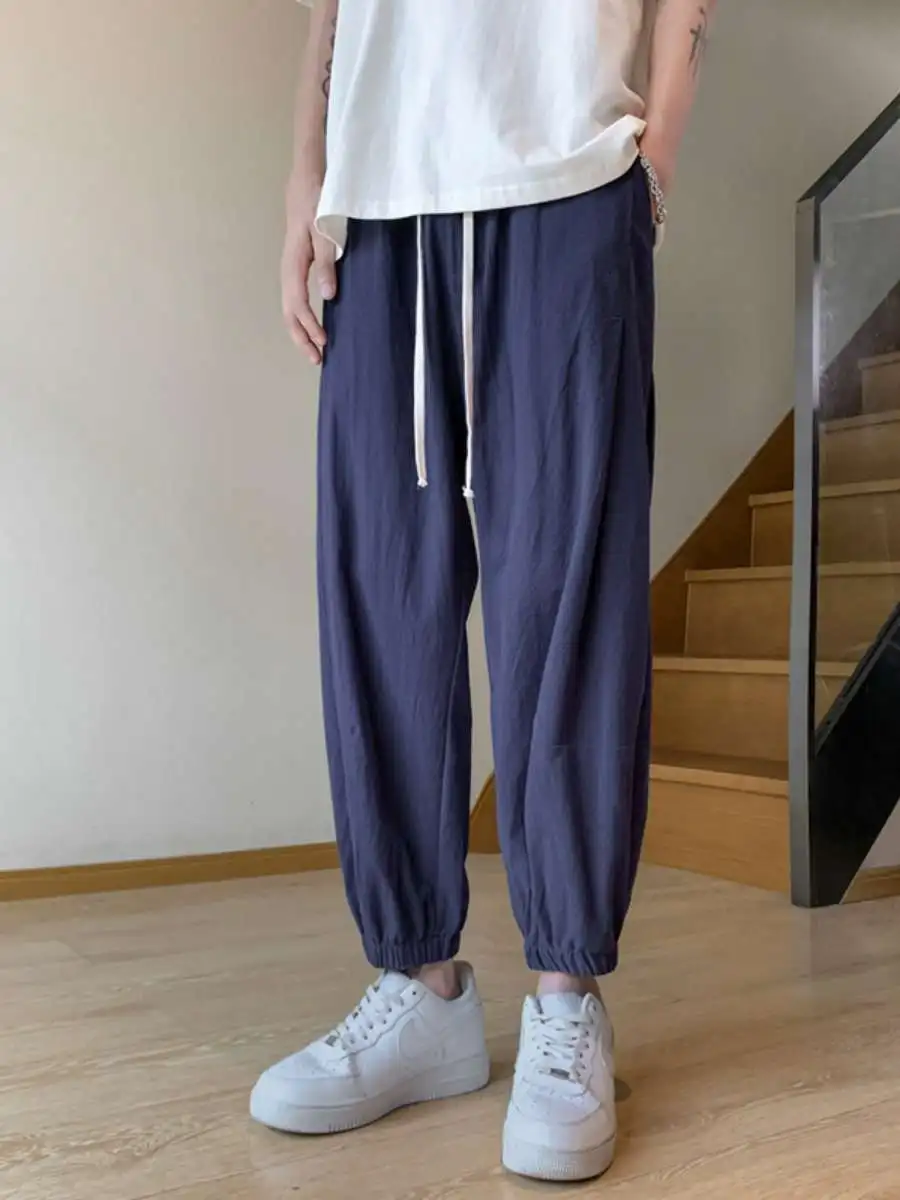 

New Summer Men's Loose Thin Linen orts Wide Leg Casual Pants Harlan Cotton Linen Seven-Foot Casual Trousers Nine-Piece Pants