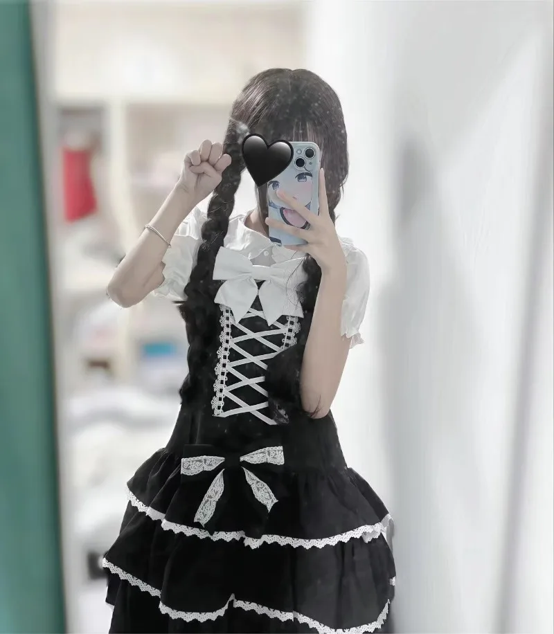 

Preppy Style Korean Sweet Gothic Black Bow Slimming Short-sleeved Shirt+Lolita Pinafore Dress Two Piece Sets Summer New Clothes
