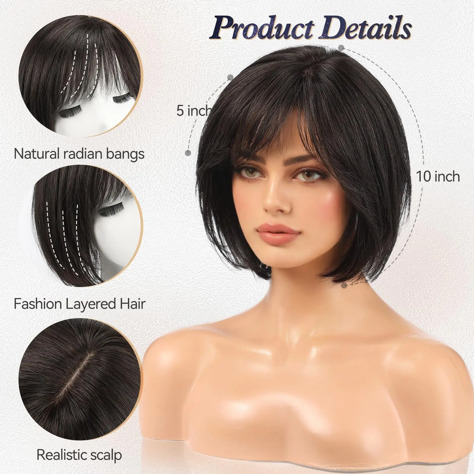 Natural Black Remy Human Hair Toppers Silk Base Hairpieces 4 Clips in Hair with Bangs 10 Inches Hair Topper Extensions for Women