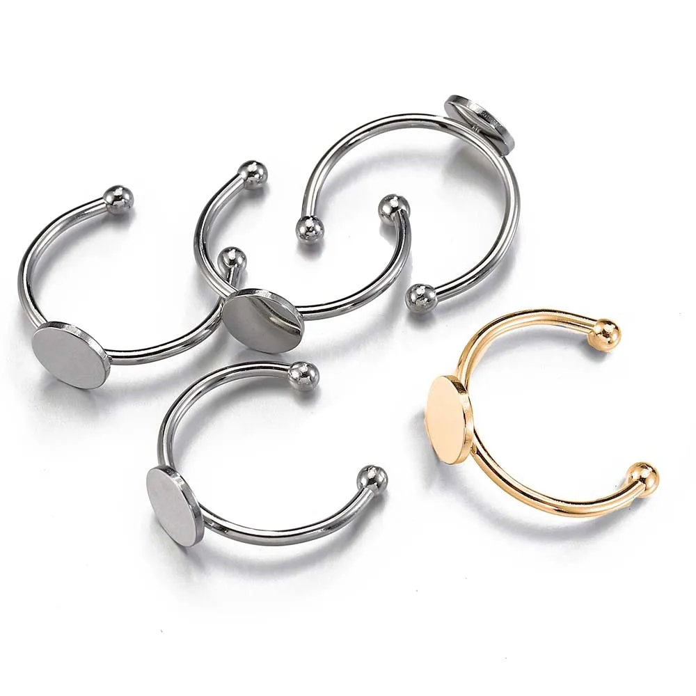 5/10pcs Stainless Steel Adjustable Ring Settings 6/8/10/12mm Round Flat Blank Base Glass Cabochons Ring Bezel DIY Jewelry Making image 2