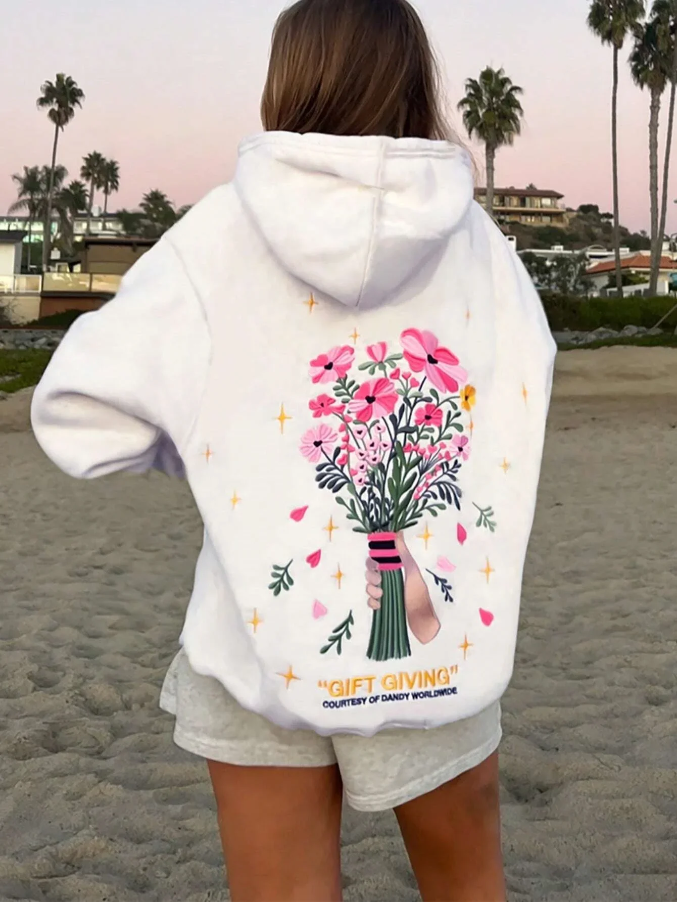 Handheld Flower Back Printed hoodie Women\'s 2024 New Autumn And Winter Fashion Versatile White Hooded Hoodie Fleece Sweatshirt