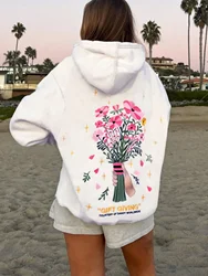 Handheld Flower Back Printed hoodie Women's 2024 New Autumn And Winter Fashion Versatile White Hooded Hoodie Fleece Sweatshirt