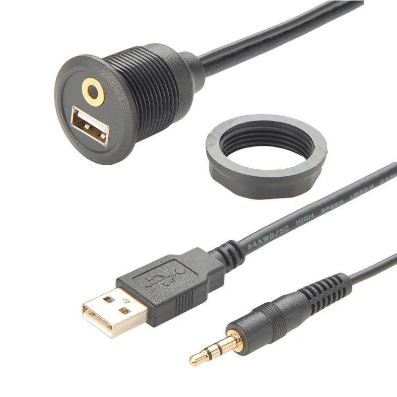 

USB & 3.5mm Male to USB & 3.5mm Female Flush Mount Panel Mount Extension AUX Cable Round Panel Mount 3.5mm&USB 2.0 Jack Cable