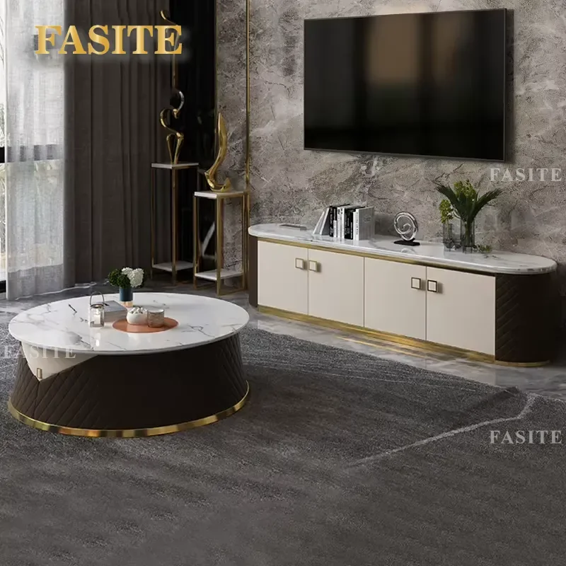 For Italian Round Luxury Marble Top Coffee Table Living Room Furniture Storage Center TV Stand Set Modern Home Decor