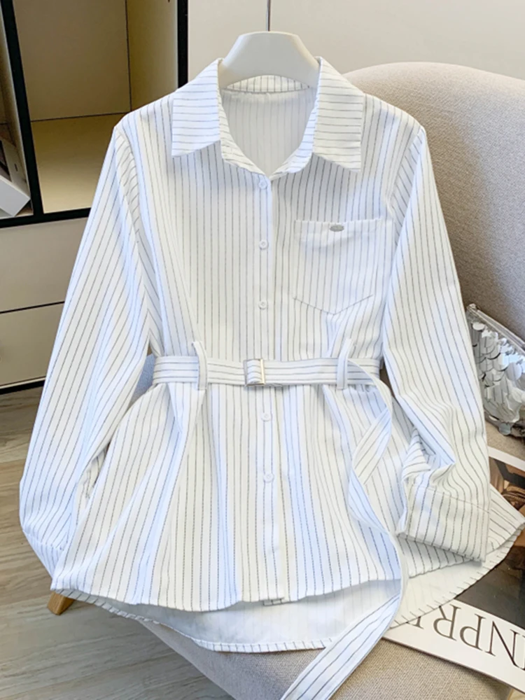 

Женская длиннорукавная полосатая рубашка с завышенной талией, универсальная, весенняя мода 2026, новая модель, повседневный деловой и дорожный наряд