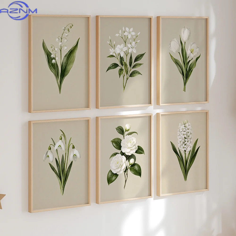 Set of 6 Vintage White Floral Botanical Canvas Wall Art Prints Unframed Lily of The Valley Tulip Snowdrop Camellia Hyacinth Ill