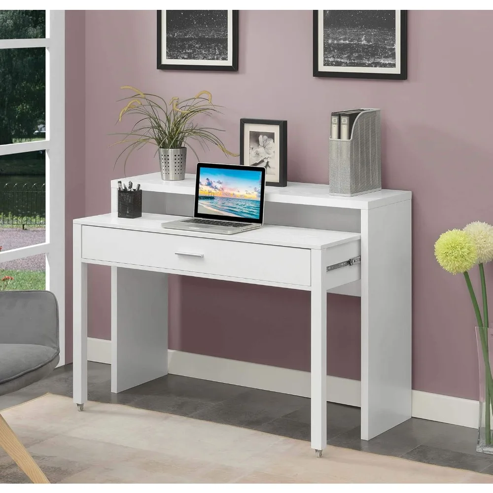 Console/Sliding Desk with Drawer and Riser, White