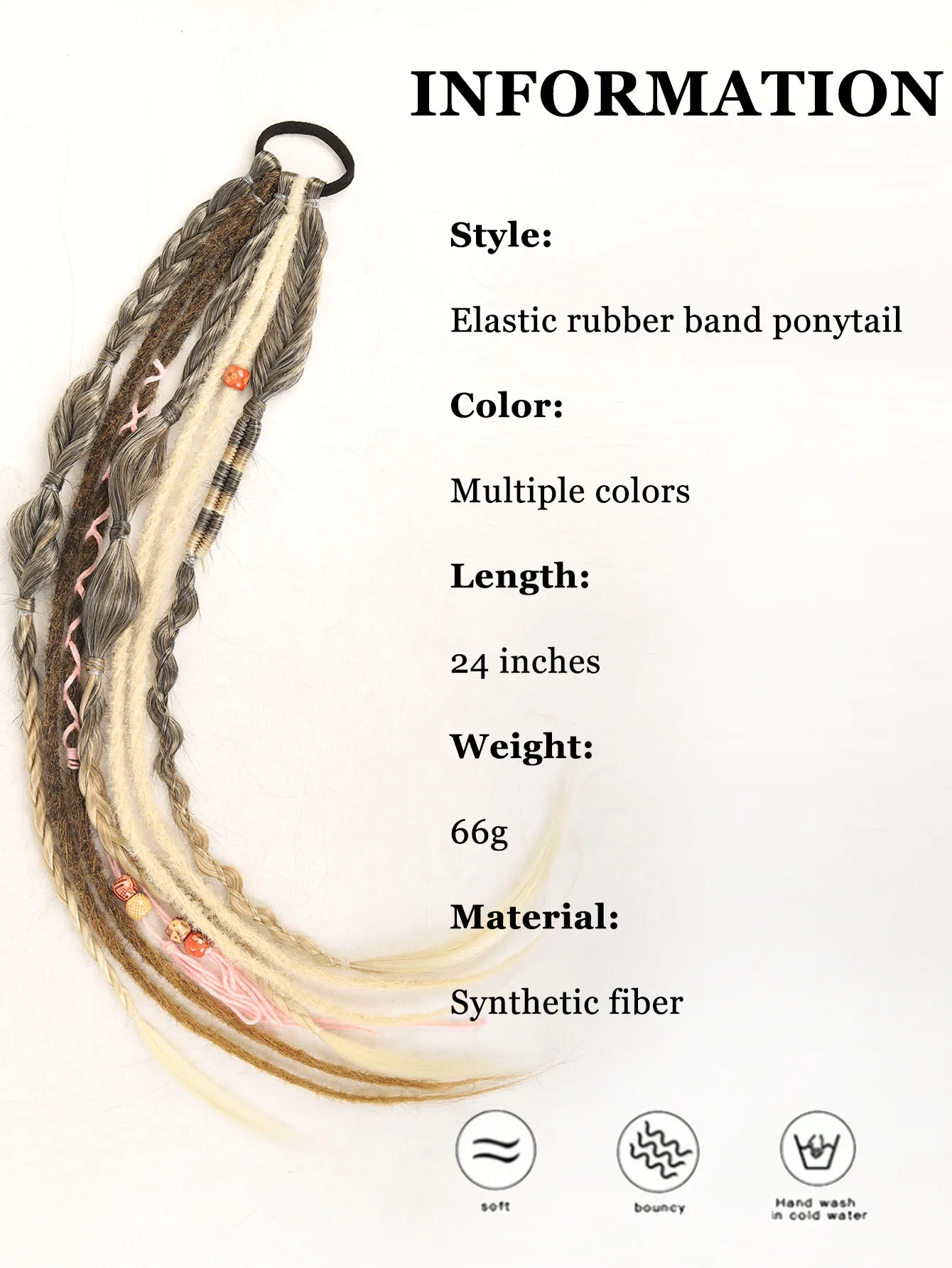 Braided Ponytail Extension with Elastic Tie zBraid with Decorative Beads Bohemian Synthetic Hair for Women Festival Rave Cosplay