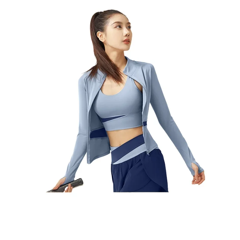 

Color Blocked Extended Yoga Jacket Yoga Suit High Neck Slim Fit Fitness Top for Women