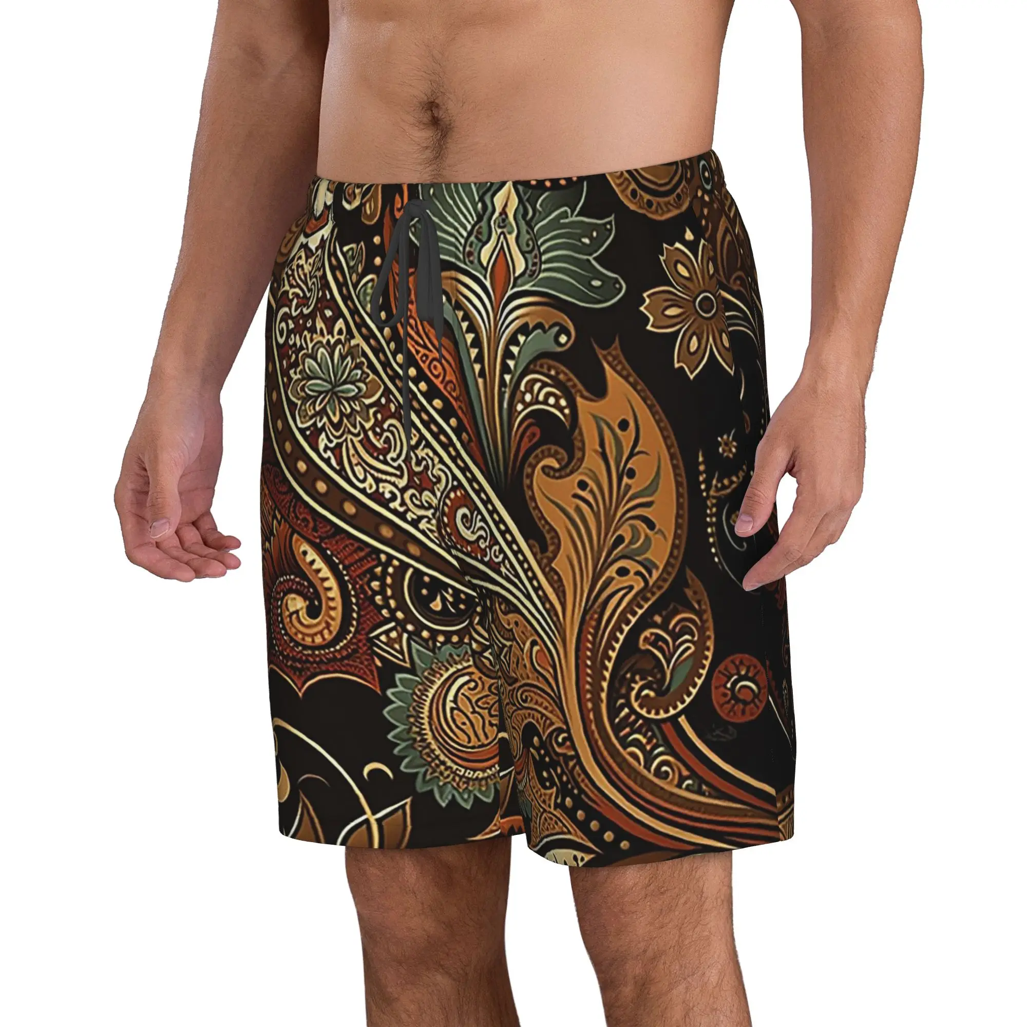 Dark-Colored Paisley Pattern Trunks Beach Board Shorts Casual Quick Dry Swim Summer Men Pants