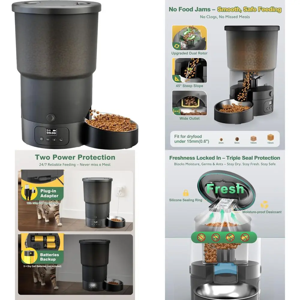 

Автоматическая программируемая кормушка для животных на 6 приемов пищи, емкость 5 л, миска из нержавеющей стали, простая настройка, двойное питание, вызов еды за 10 секунд для кошек и мелких животных