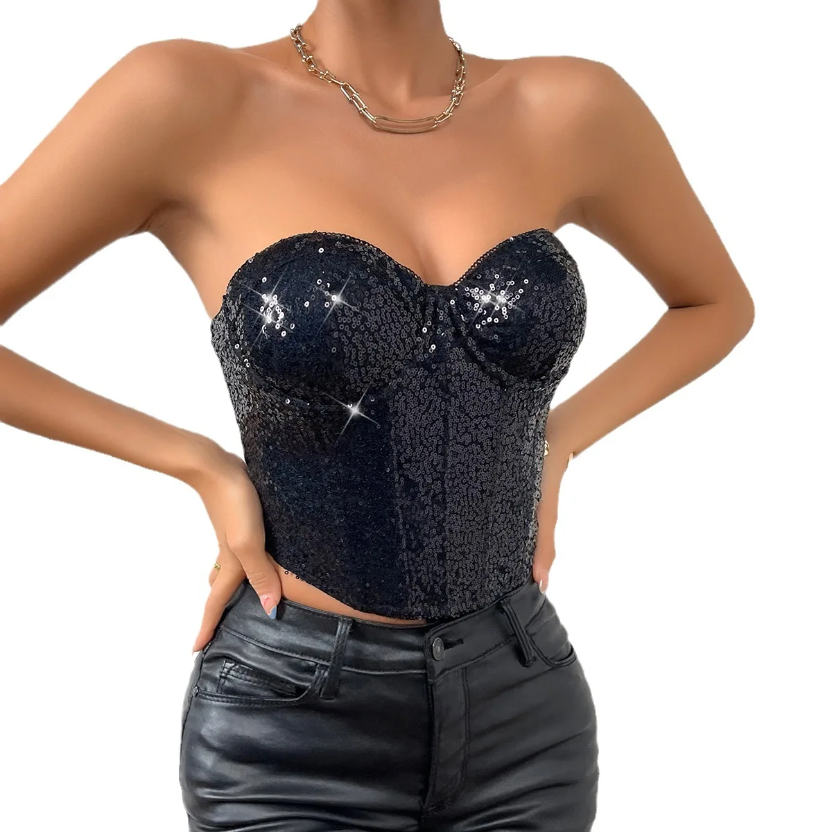 Nightclub Street Style Sexy Bright Pearl Slices Women Tube Tops Back Zipper Bra Underwired Fishbone Corset Slimming Top