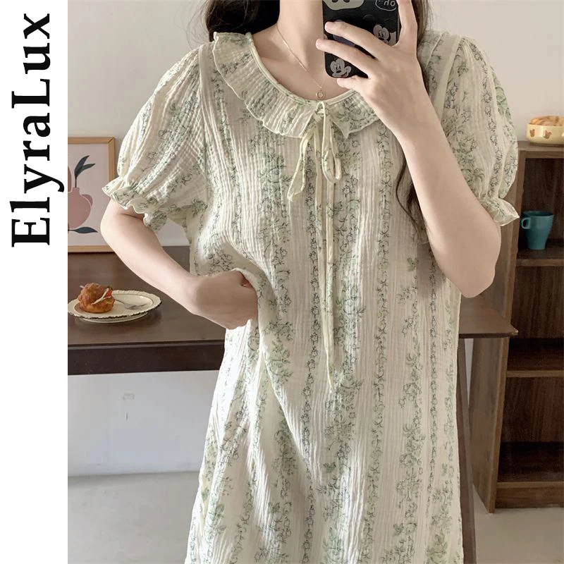 

ElyraLux Summer Women's Sleepwear, Comfortable Imitation Cotton, Women's Nightgown Korean Version Vertical Stripe Texture Floral