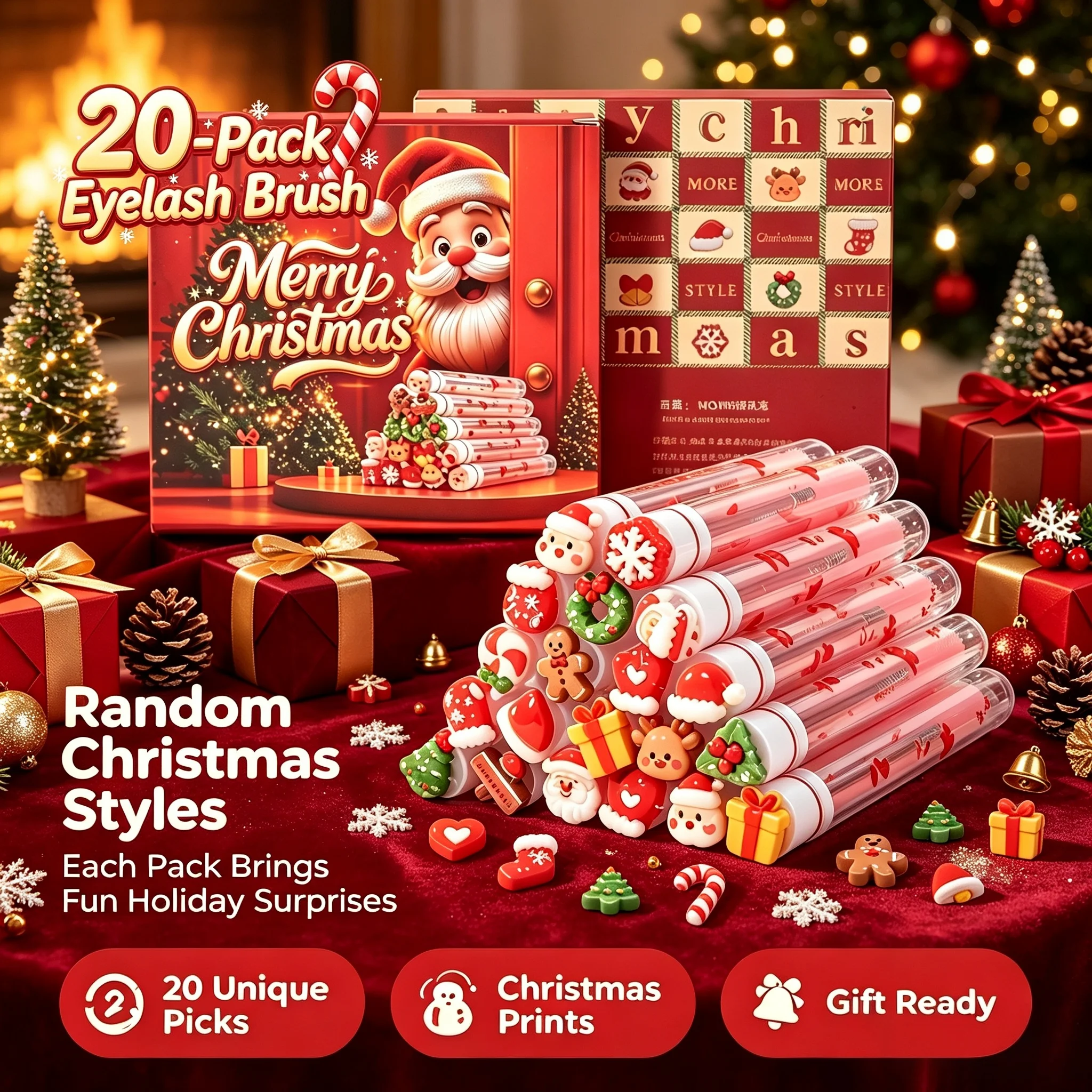 20er-Pack Weihnachts-Wimpernbürsten in Röhrchen-Geschenkbox, Bedruckte Mascara-Bürsten und Augenbrauenbürsten für Wimpernverlängerungen, Weihnachtsparty-Geschenke