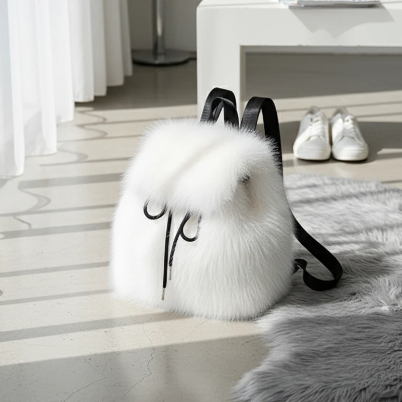 

2026 Casual Faux Fur Backpack for Women Drawstring Flap Closure Large Capacity School Bag Trendy Travel