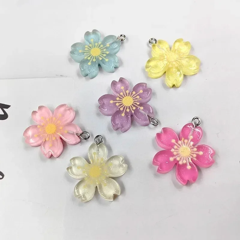 10Pcs Cute Colorful Sakura Resin Pendants, Cherry Blossom Floral Charms DIY Craft Findings for Handmade Earrings Jewelry Making