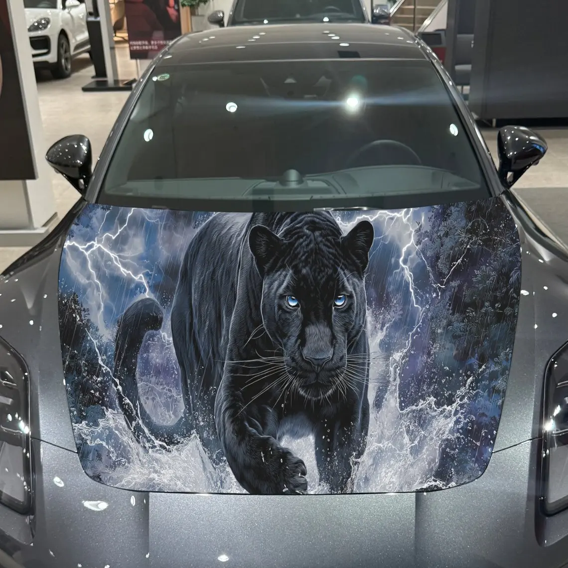 Thunder Panther Bold Adventure PVC Car Engine Hood Vinyl Wraps, Self-Adhesive Waterproof Car Hood Decal Sticker, Car Decoration