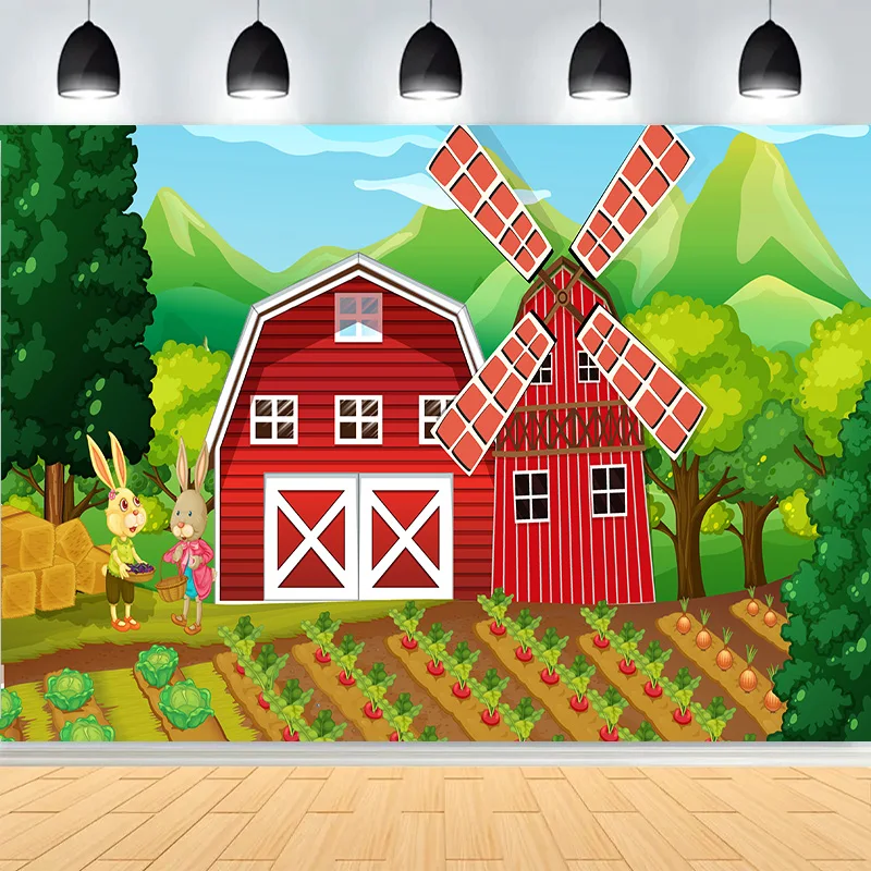 مشهد المزرعة رجل المزارع القديم والحيوانات اللطيفة خلفيات للتصوير الفوتوغرافي الحمراء الحظيرة طاحونة الألبان البقرة حفلة عيد ميلاد خلفية NC-04 #3