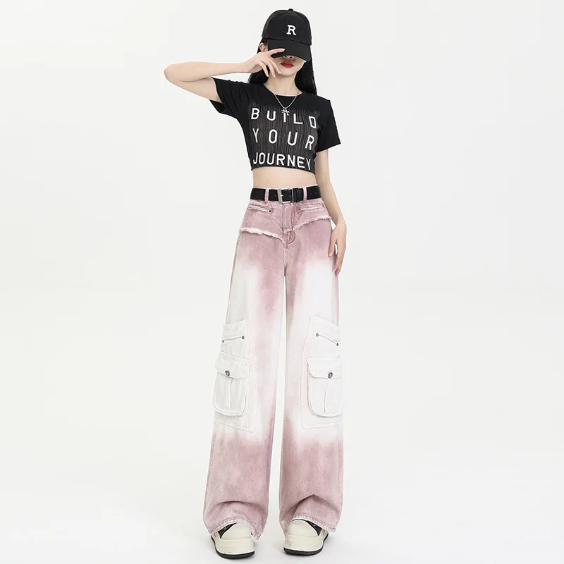 

Отбеленные джинсы-карго, женские джинсы, джинсовые брюки полной длины с высокой талией, свободные потертые потертые карманы на молнии, базовые