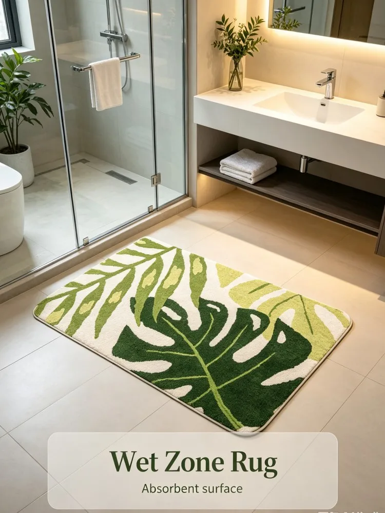 Tropical Green Monstera Leaf Bath Mat Flannel Absorbent Bathroom Rug Non‑Slip Shower Doormat Home Bedroom Kitchen Floor Decor Ca view 4