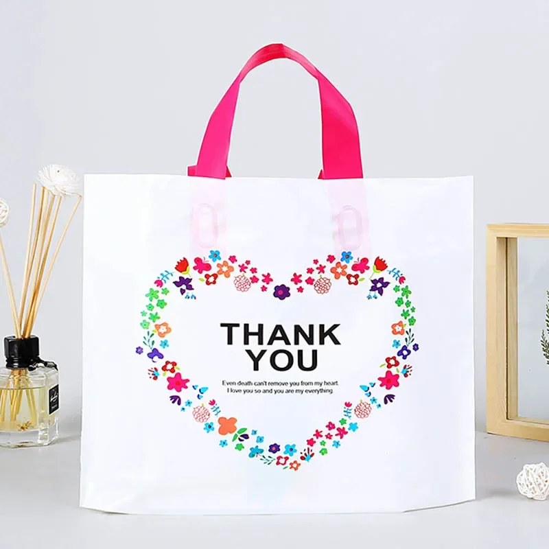 50Pcs Thick Thank You Gift Bag Plastic Tote Bag Clothing Store Shopping Packaging Bags With Handle Party Gift Wrapping Pouches