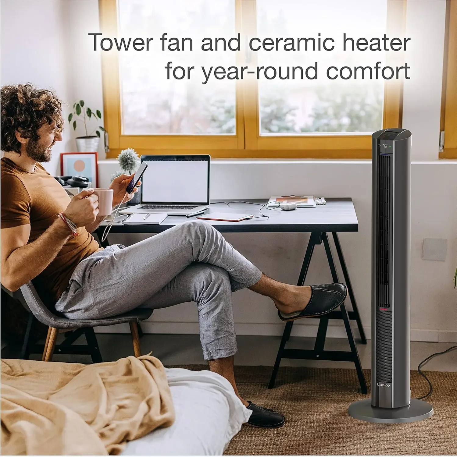 Oscillating All Season Tower Fan and Space Heater in One for Home with Adjustable Thermostat, Tip-Over Switch, 4 Fan Speed