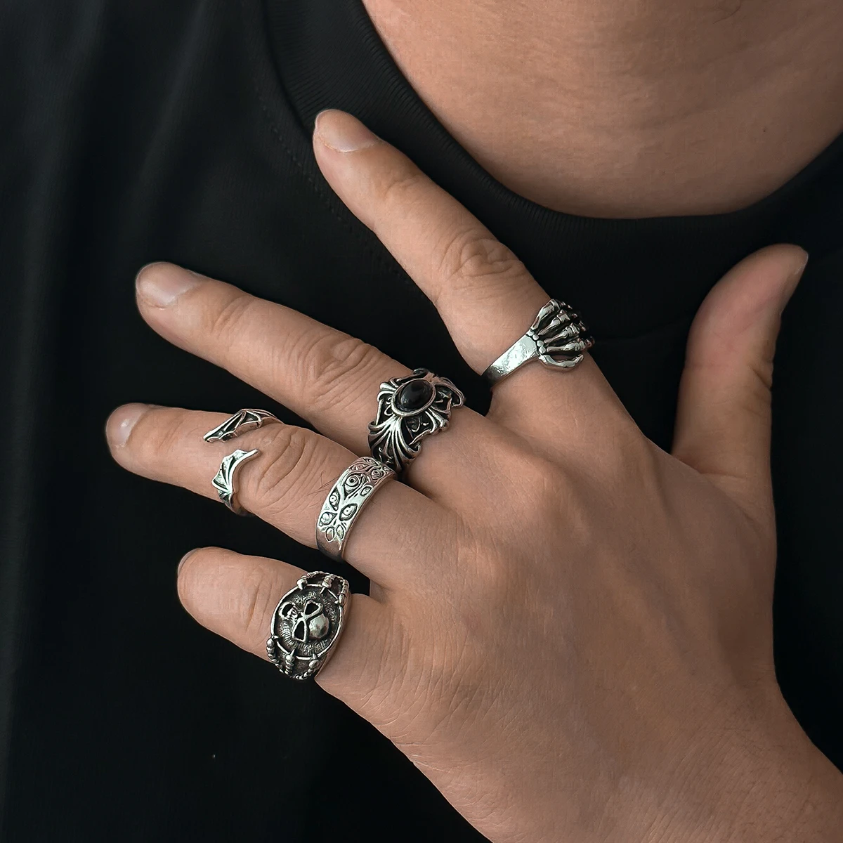 SHIXIN Gothic Skull Claw Cross Ring Set for Men Vintage Silver Color Adjustable Open Rings Male Punk Jewelry Finger Accessories
